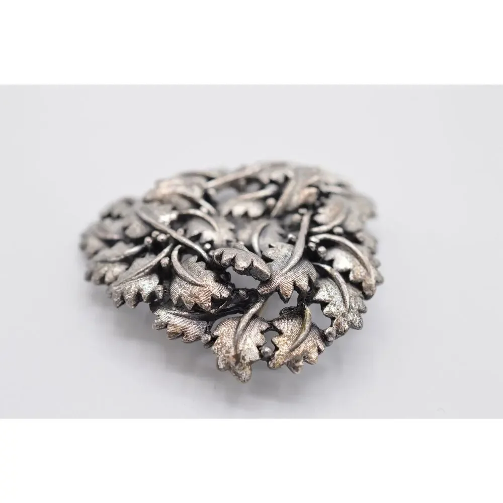 Vintage Leaf Pin Brooch Brushed Silver Pewter Textured Leaves Chunky 1980s 9B